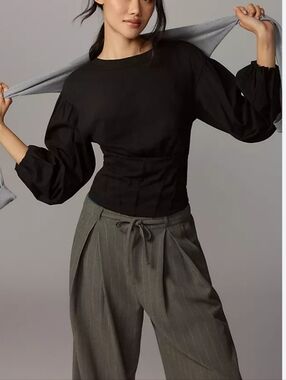 Anthropologie Black Puff-Sleeve Corset-Waist Long Sleeve Tee